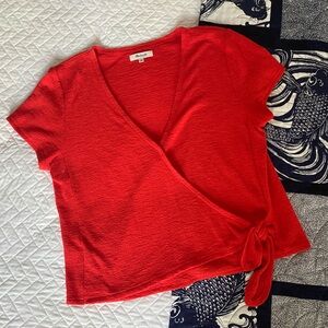 Madewell Linen-Blend Sash-Tie Wrap Top in Tomato Red